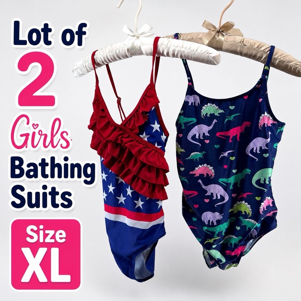 Girls Swimsuit Lot of 2 XL Patriotic July 4th & Dinosaur One Pc Bathing Suits